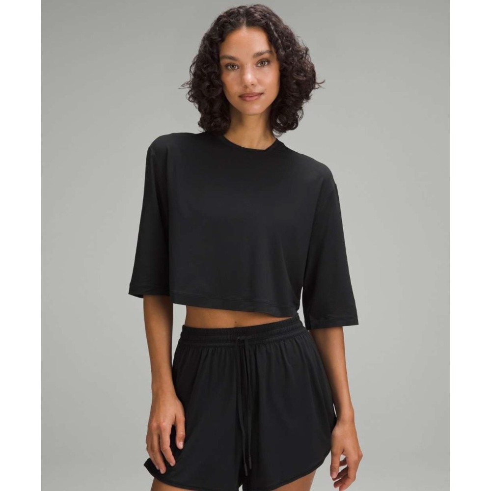 Lululemon Modal Relaxed-Fit Cropped Short Sleeve Shirt Black Tee Yoga Top